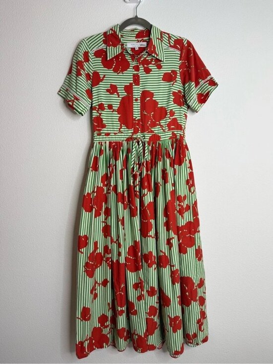 HUNTER BELL Dresses & Skirts - Hunter Bell Colby Midi Dress - Green Striped Cotton Sz Medium